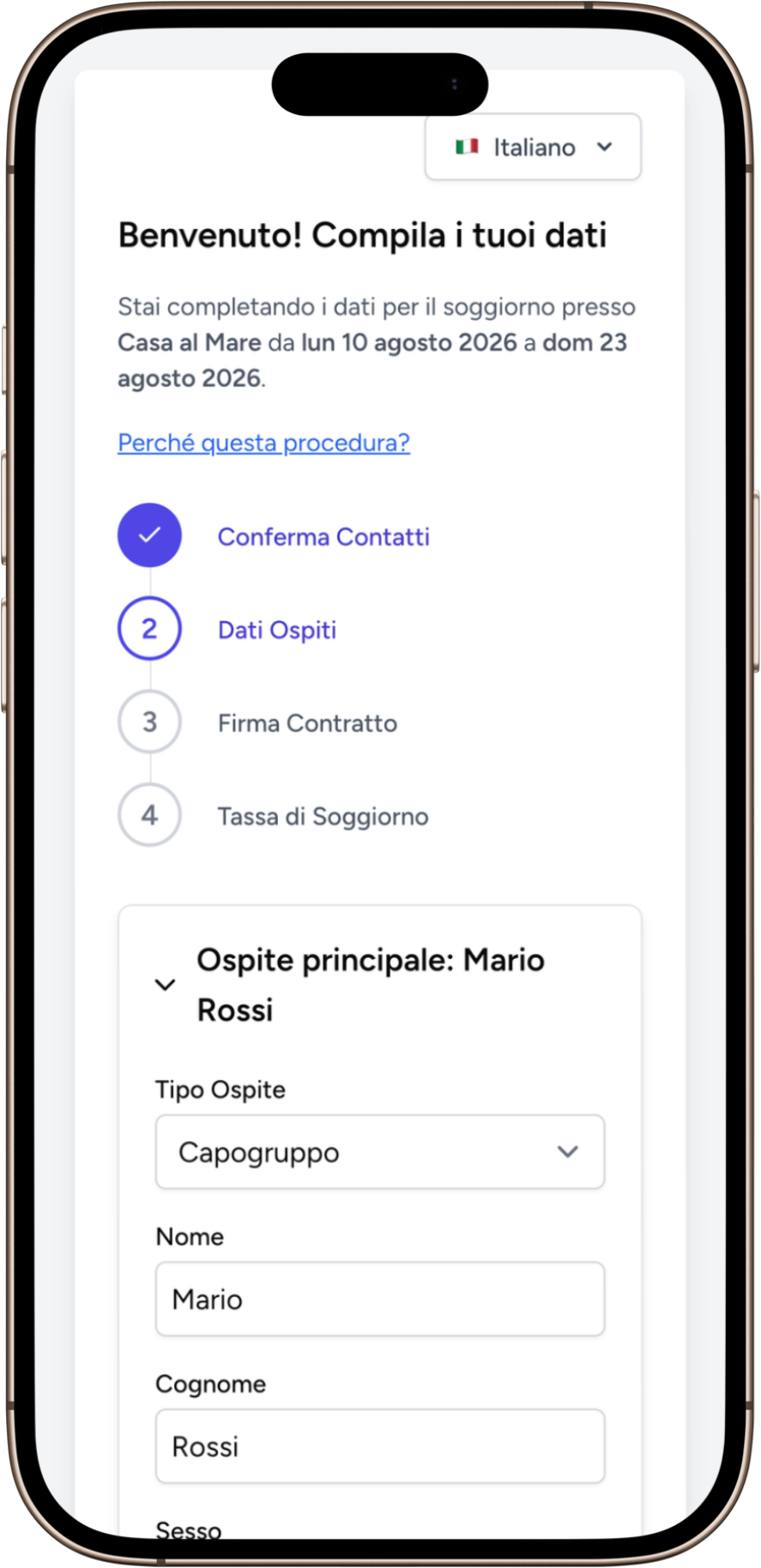Form check-in Italiano