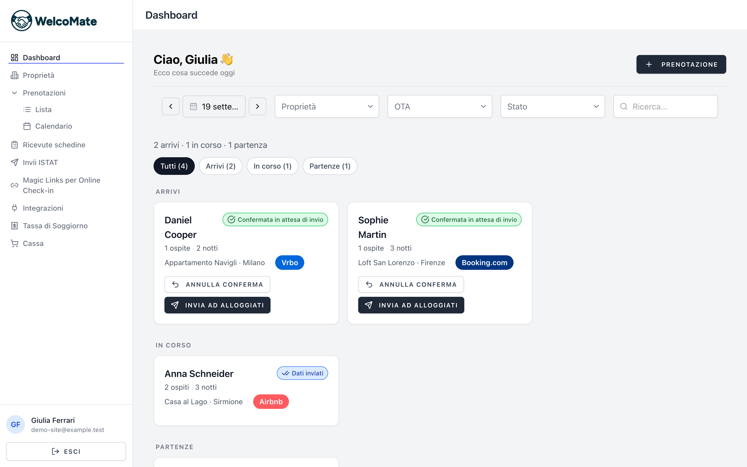 Dashboard WelcoMate con le prenotazioni del giorno