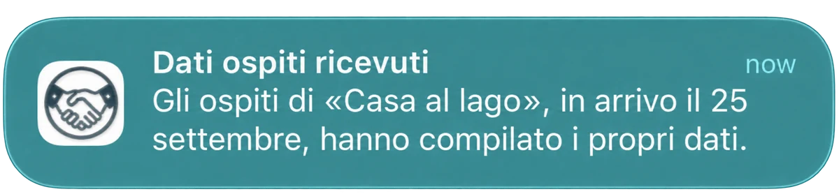 Notifica: dati ospiti ricevuti per Casa al lago, in arrivo il 25 settembre
